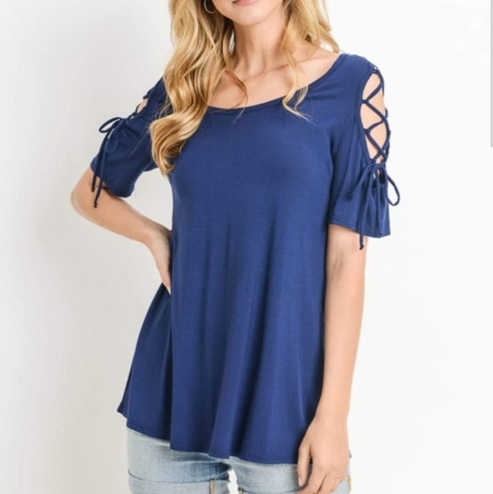 Navy Lace Up Cold Shoulder Top